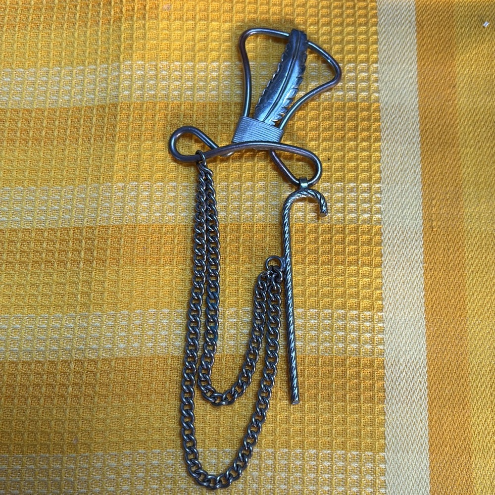 Vintage metal top hat Brooch with Chain